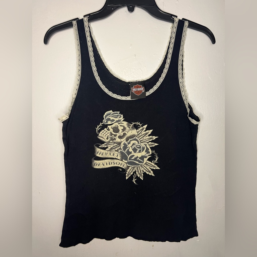 Harley-Davidson Graphic Black and White Lace Tank Top Y2K Vintage
